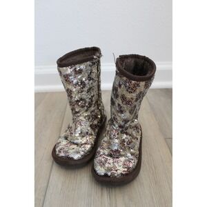 Stuart Weitzman Kids Leopard Sequin Faux Fur Lined Boots Gold Brown Size 10